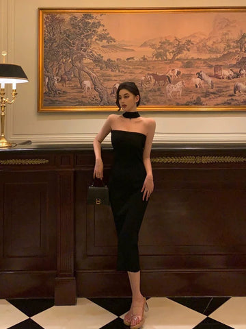 Sheath Strapless Black Prom Dresses Birthday Outfits Evening Gown SD957